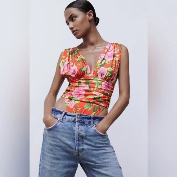 NWT Zara Tropical Floral Draped Thong Bodysuit - Picture 7 of 8